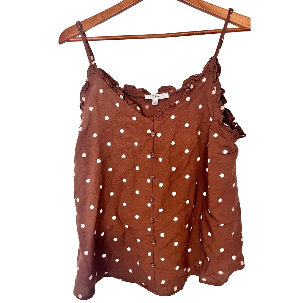 E&M Brown Polka Dot Cami Tank Top Ruffle Trim Button Front Size L